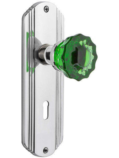 Streamline Deco Mortise Lock Set with Colored Fluted Crystal Glass Knobs Emerald in Polished Chrome.